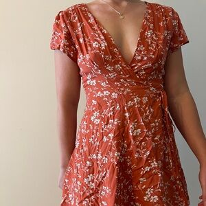 Burnt Orange/ Reddish Floral Wrap Dress